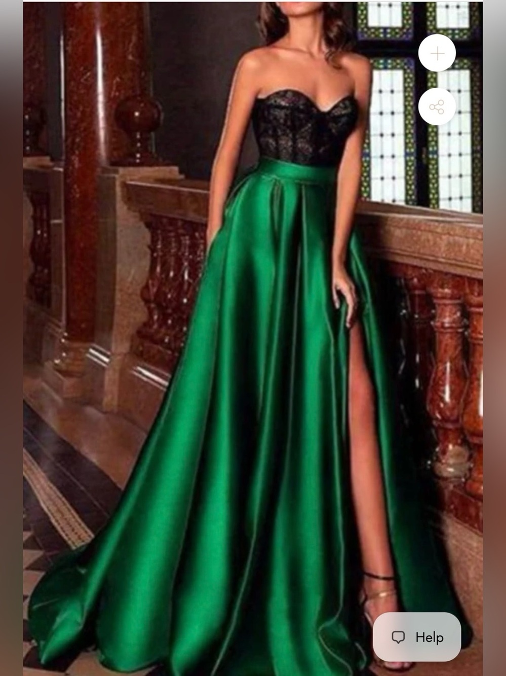 Strapless Black Lace & Emerald Green Satin Evening Gown